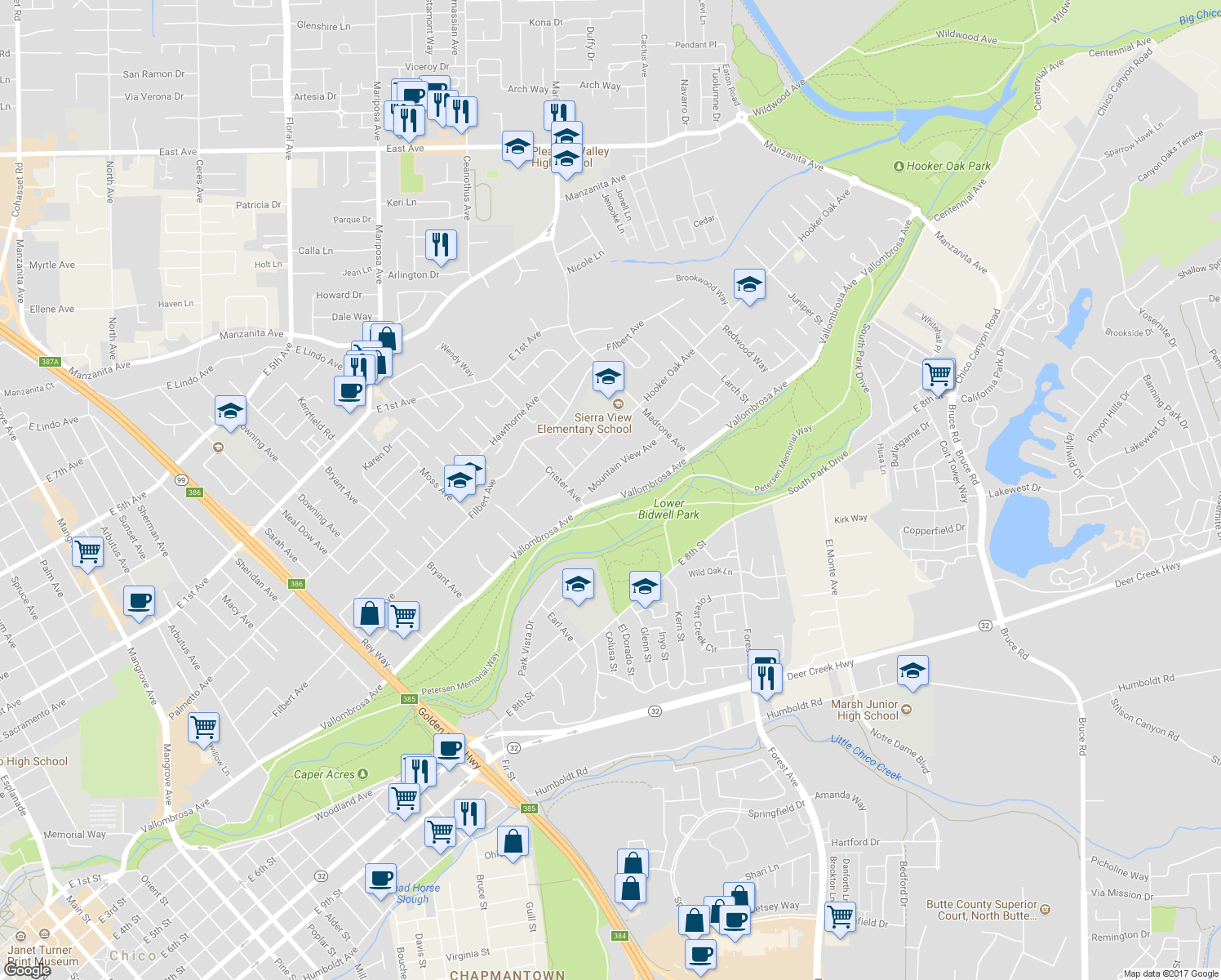 map of restaurants, bars, coffee shops, grocery stores, and more near 1470 Vallombrosa Avenue in Chico
