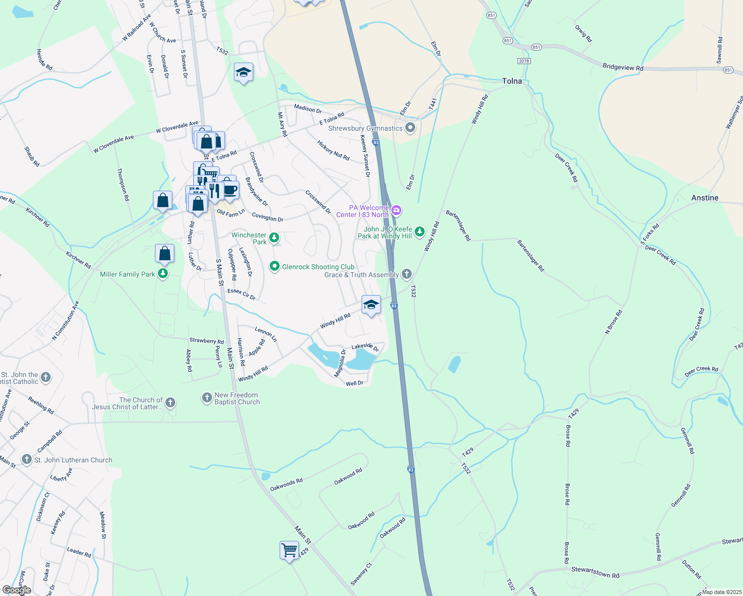 map of restaurants, bars, coffee shops, grocery stores, and more near 17379 Russett Farm Drive in Shrewsbury