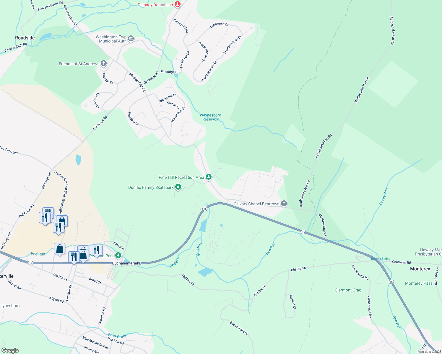 map of restaurants, bars, coffee shops, grocery stores, and more near 12732 Arielle Lane in Waynesboro