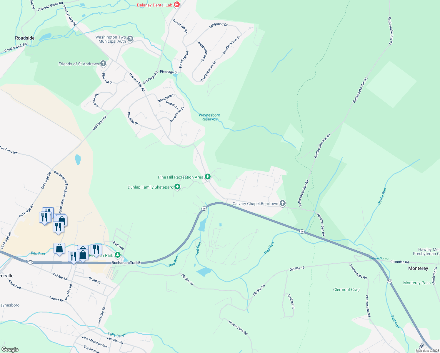map of restaurants, bars, coffee shops, grocery stores, and more near 12732 Arielle Lane in Waynesboro