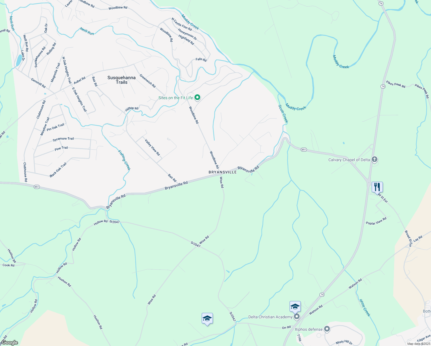 map of restaurants, bars, coffee shops, grocery stores, and more near 2367 Bryansville Road in Delta