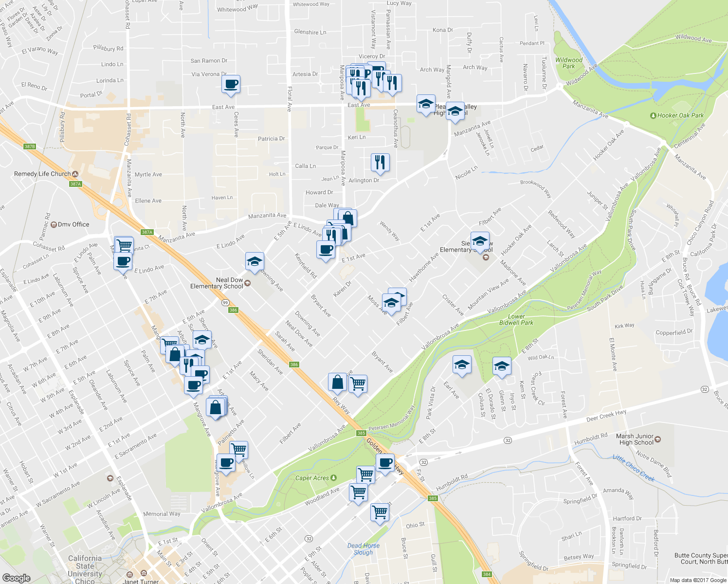 map of restaurants, bars, coffee shops, grocery stores, and more near 901 Moss Avenue in Chico