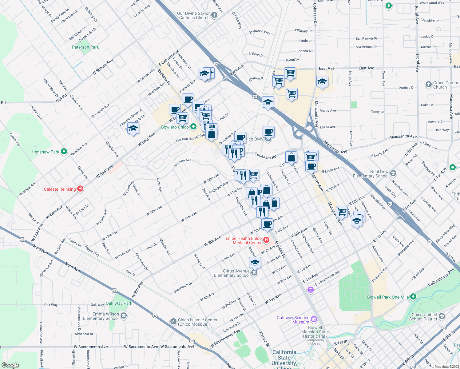 map of restaurants, bars, coffee shops, grocery stores, and more near 2129 Iroquois Ave in Chico