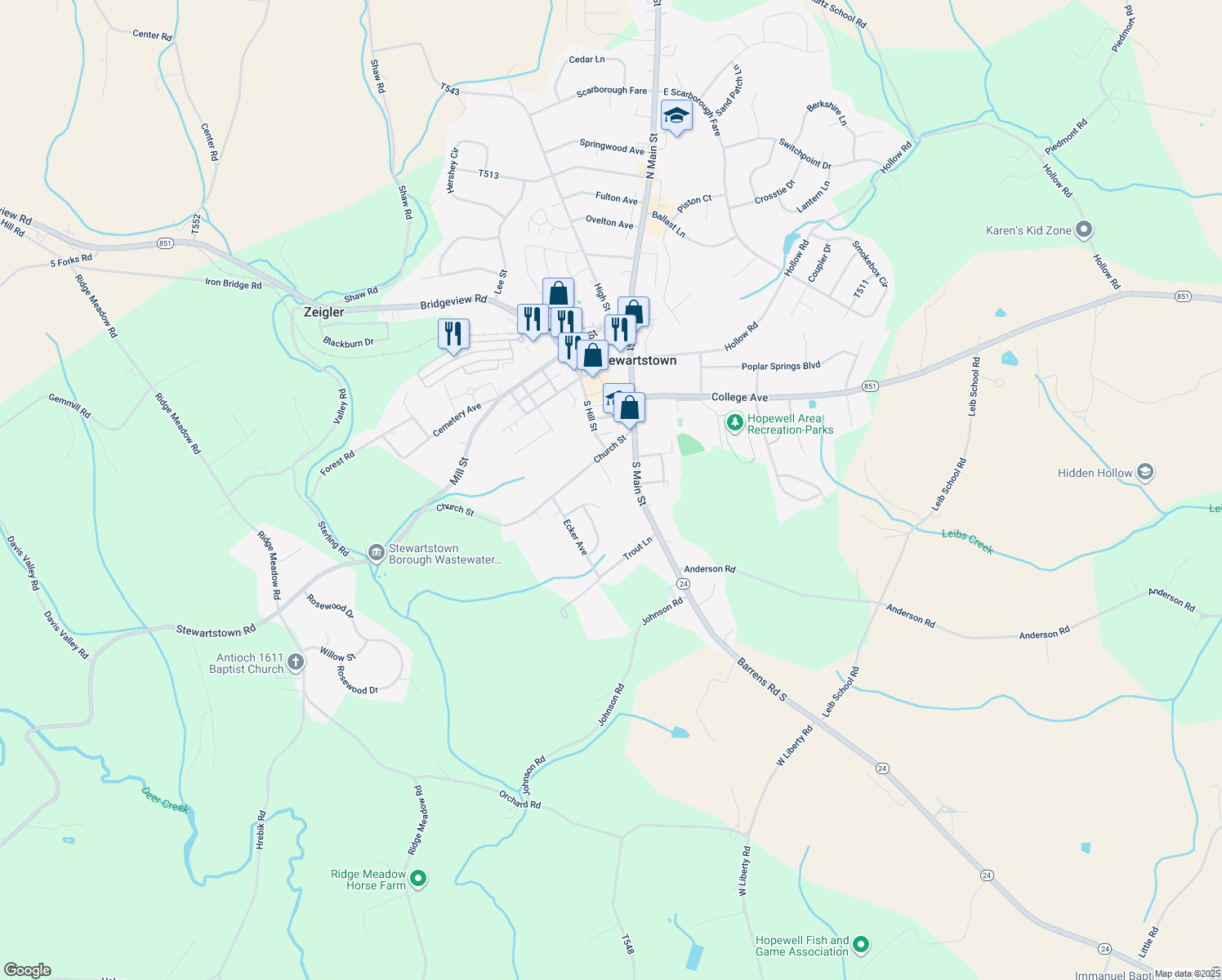 map of restaurants, bars, coffee shops, grocery stores, and more near 18 Church St in Stewartstown