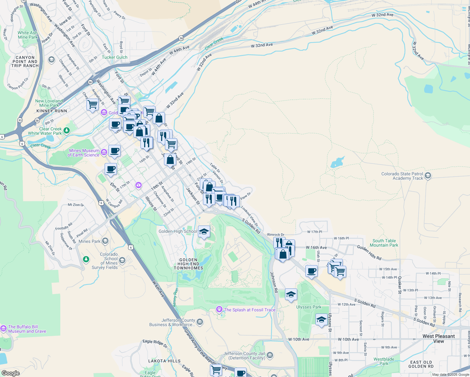 map of restaurants, bars, coffee shops, grocery stores, and more near 2318 Table Heights Dr in Golden