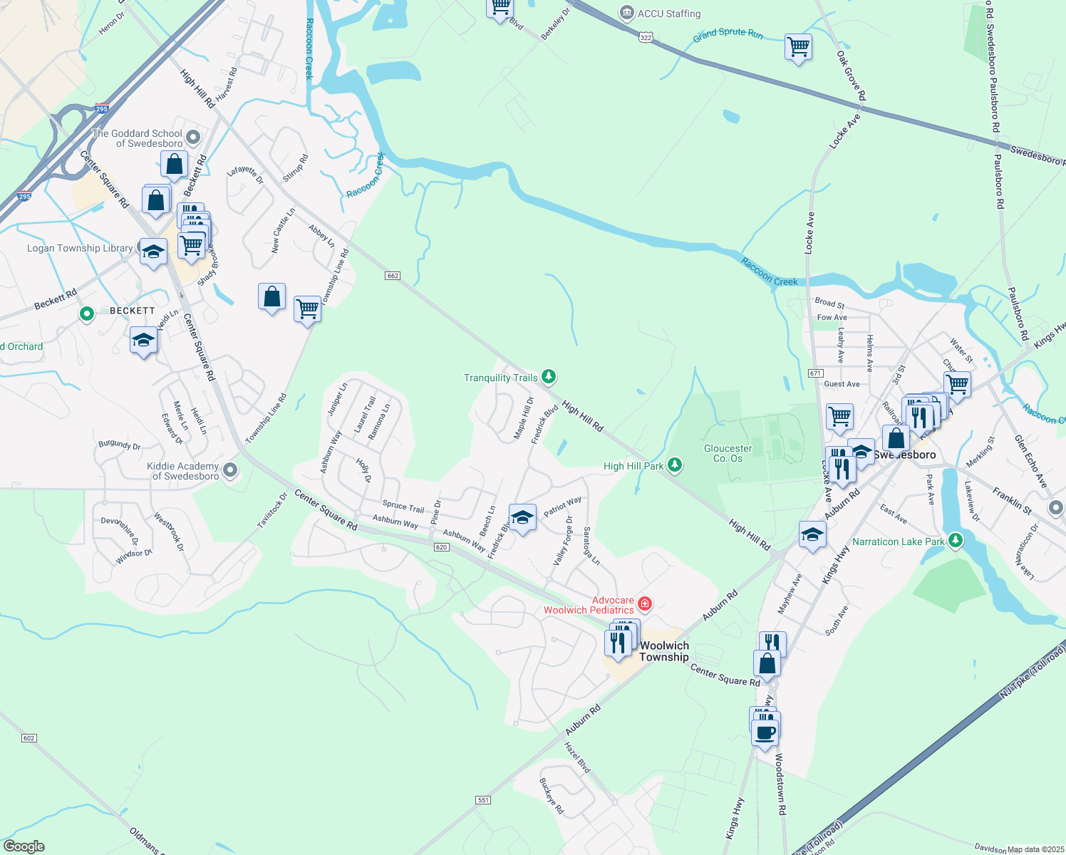 map of restaurants, bars, coffee shops, grocery stores, and more near 66 Fredrick Boulevard in Swedesboro