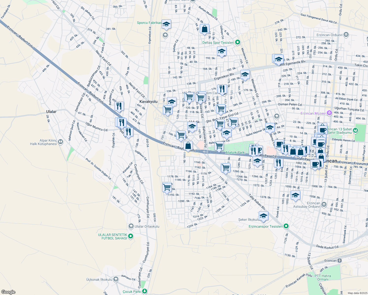 map of restaurants, bars, coffee shops, grocery stores, and more near in Erzincan Merkez