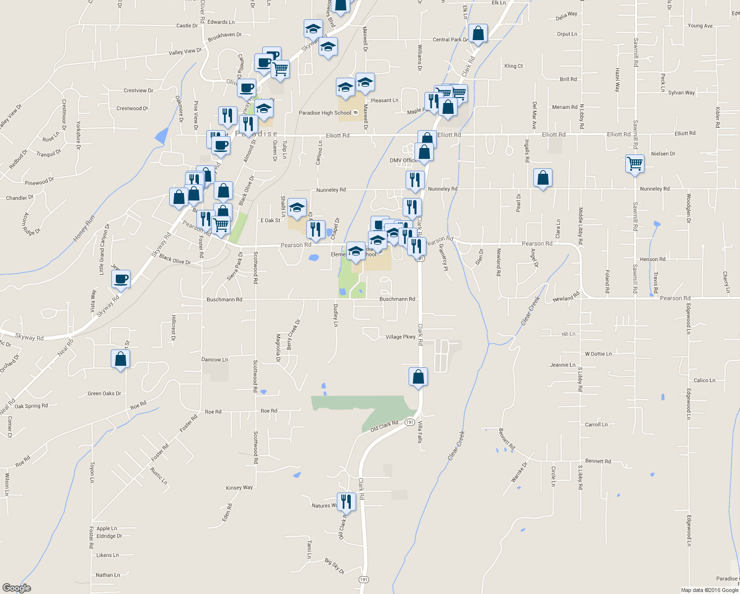 map of restaurants, bars, coffee shops, grocery stores, and more near 975 Buschmann Road in Paradise