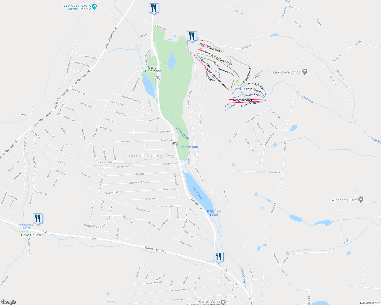map of restaurants, bars, coffee shops, grocery stores, and more near 7 Sidetrack Trail in Fairfield