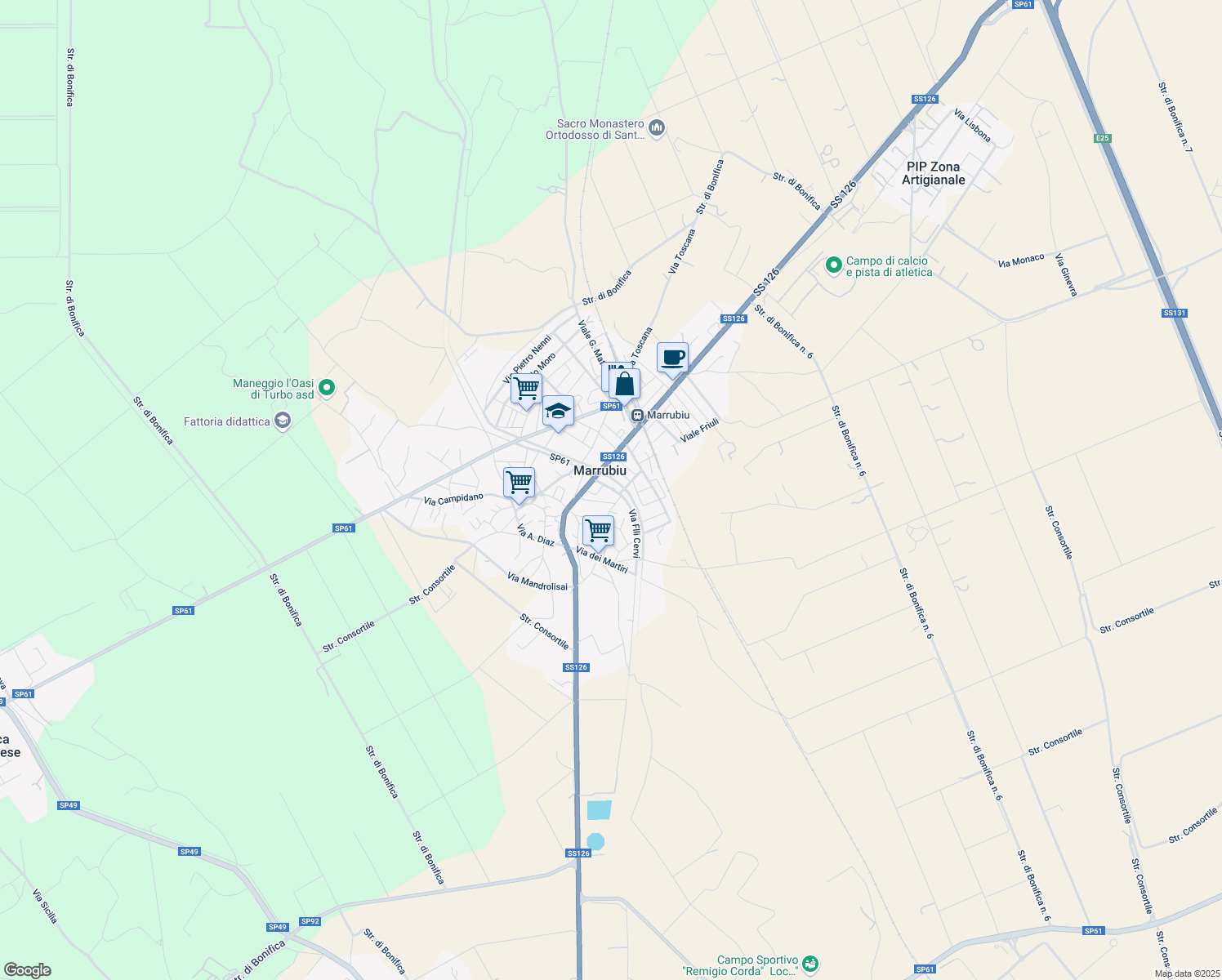 map of restaurants, bars, coffee shops, grocery stores, and more near 56 Via Tirso in Marrubiu