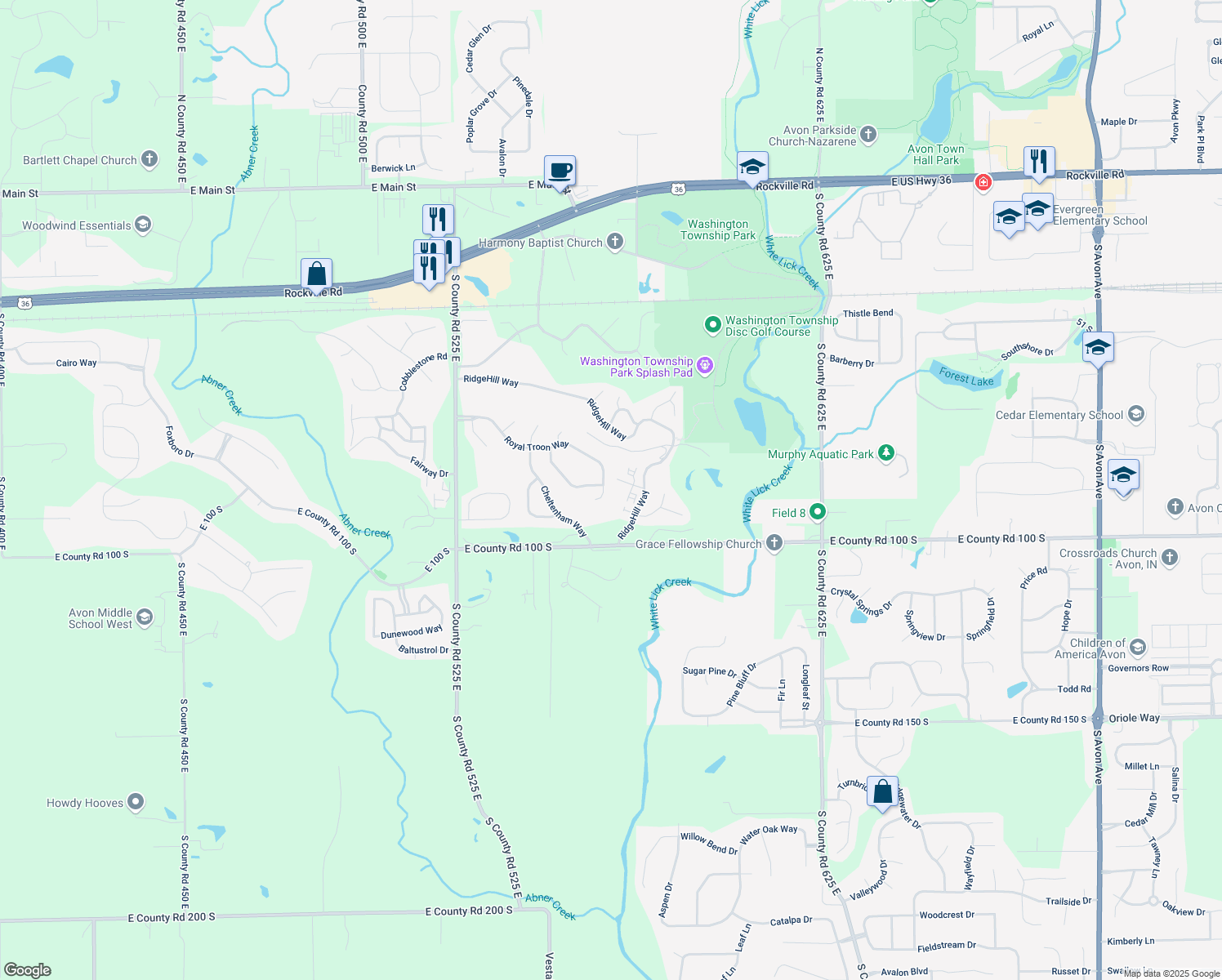 map of restaurants, bars, coffee shops, grocery stores, and more near 5668 Royal Troon Way in Avon