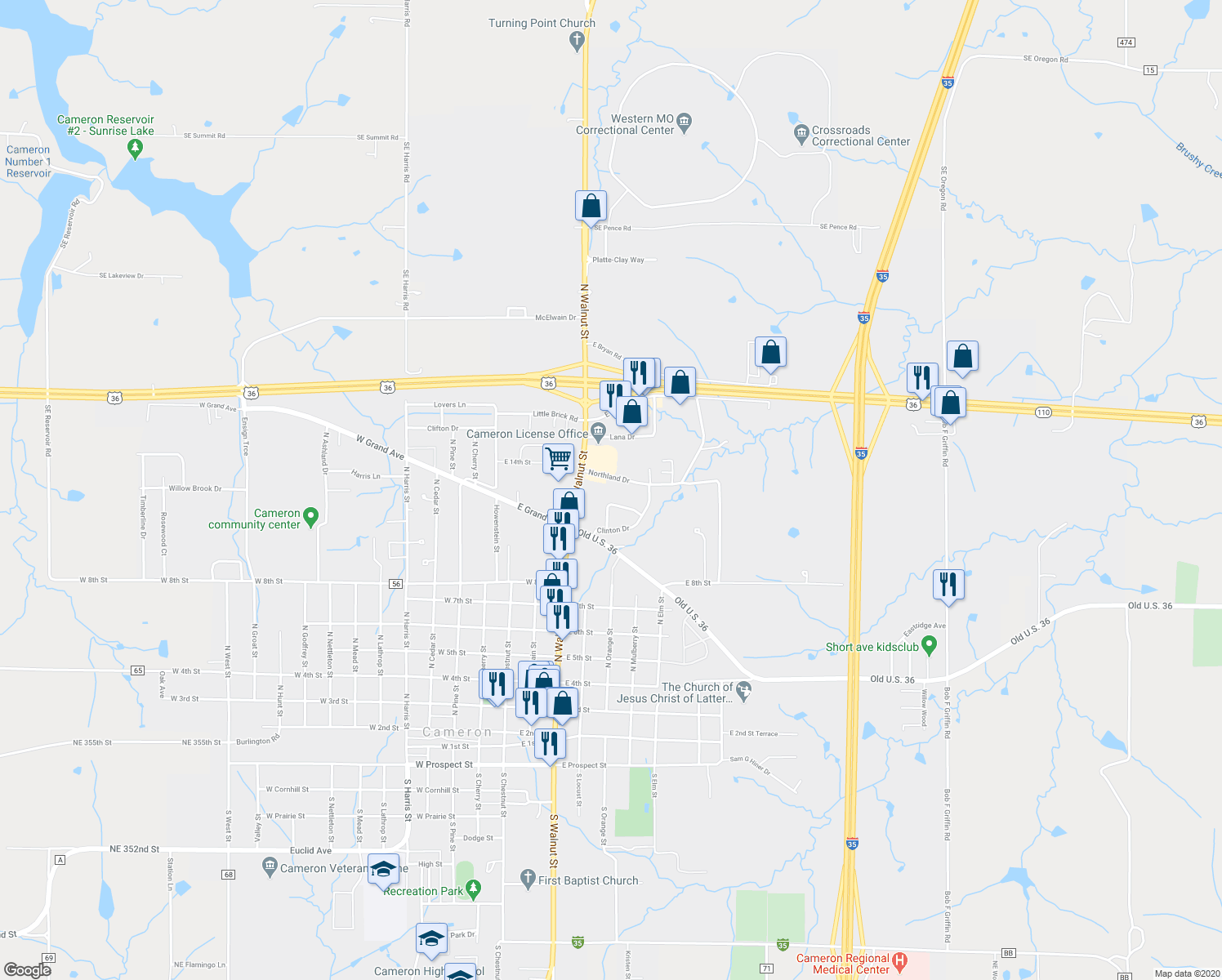 map of restaurants, bars, coffee shops, grocery stores, and more near 504 Northland Drive in Cameron