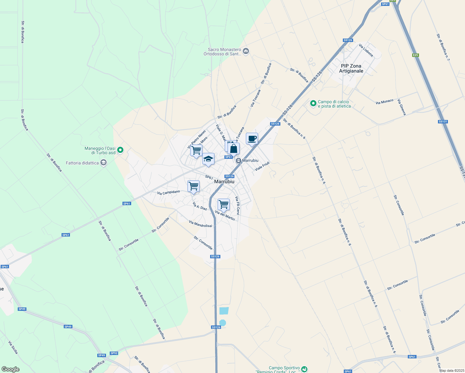 map of restaurants, bars, coffee shops, grocery stores, and more near 56 Via Tirso in Marrubiu