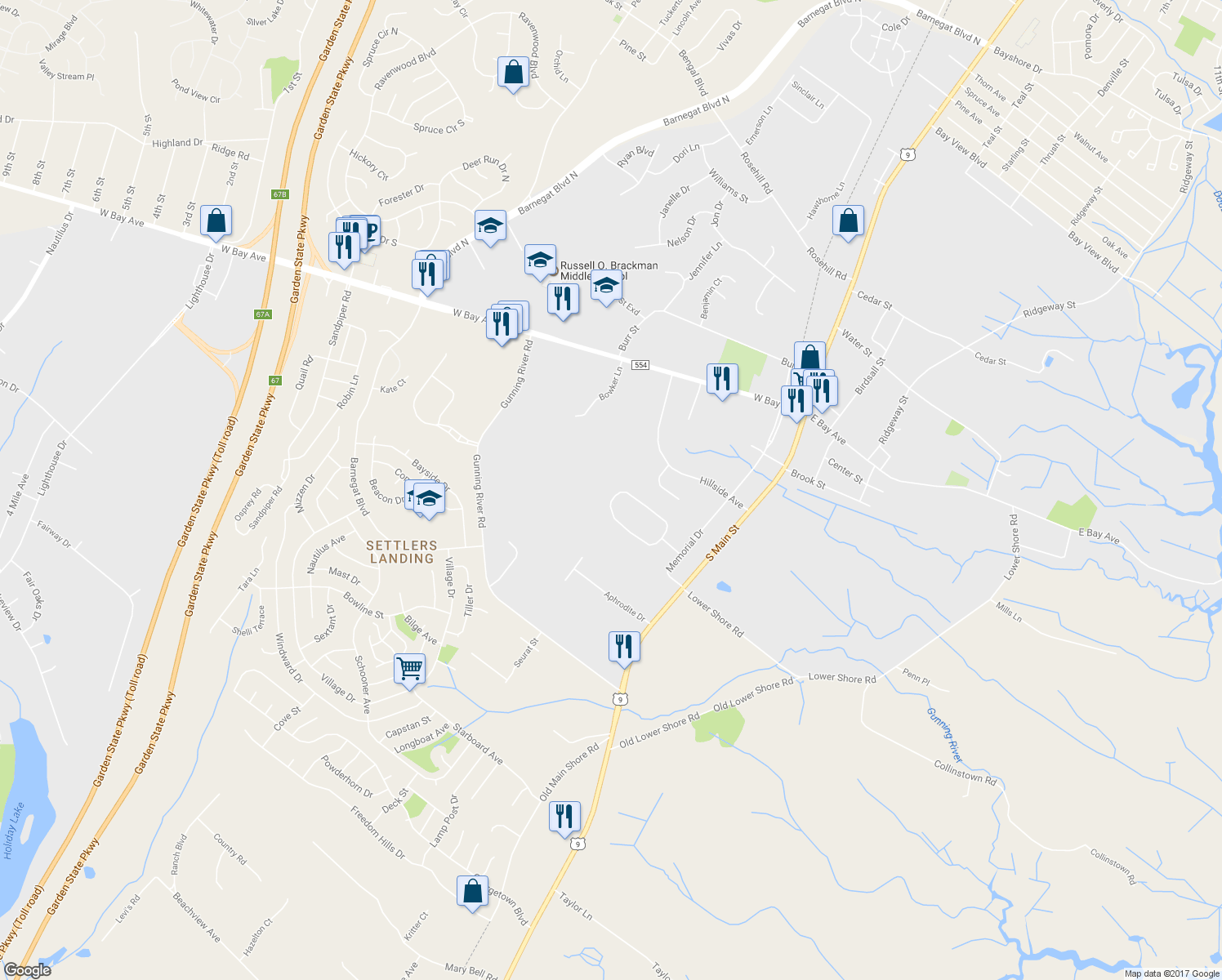 map of restaurants, bars, coffee shops, grocery stores, and more near 28 Hannah Lee Road in Barnegat Township