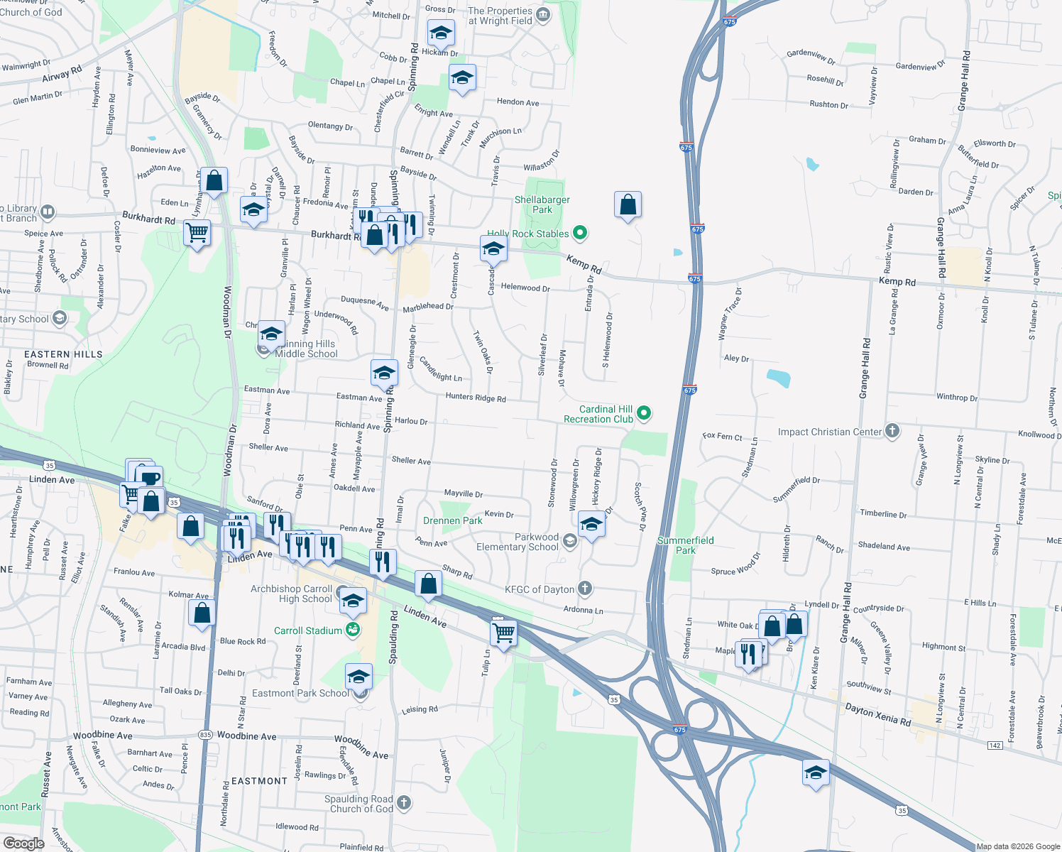 map of restaurants, bars, coffee shops, grocery stores, and more near 5950 Ivy Ridge Road in Dayton