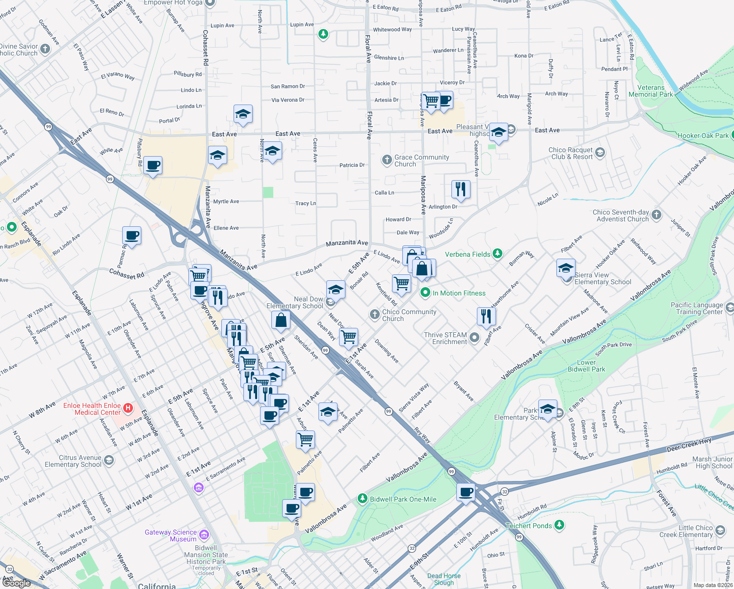 map of restaurants, bars, coffee shops, grocery stores, and more near 2 Canterbury Cir in Chico