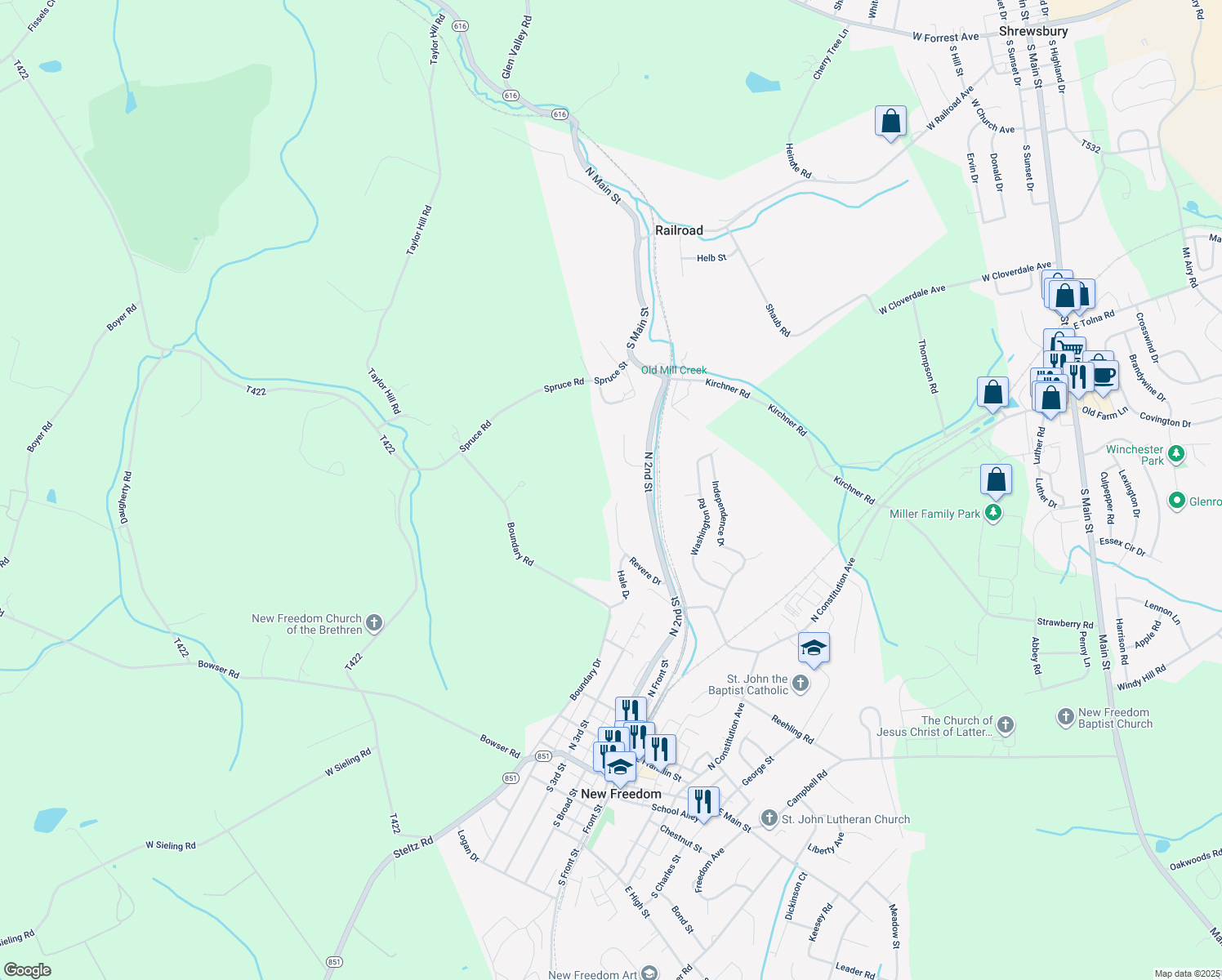 map of restaurants, bars, coffee shops, grocery stores, and more near 15334 Revere Drive in New Freedom