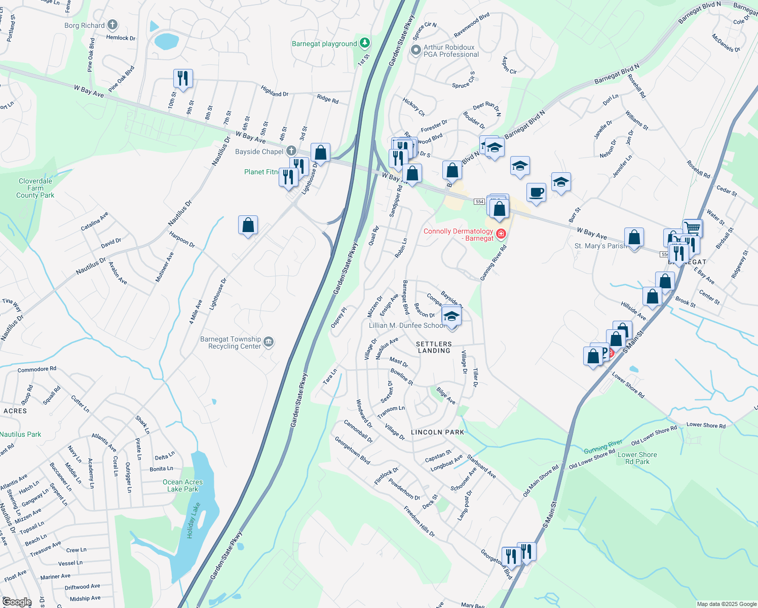 map of restaurants, bars, coffee shops, grocery stores, and more near 26 Mizzen Drive in Barnegat Township