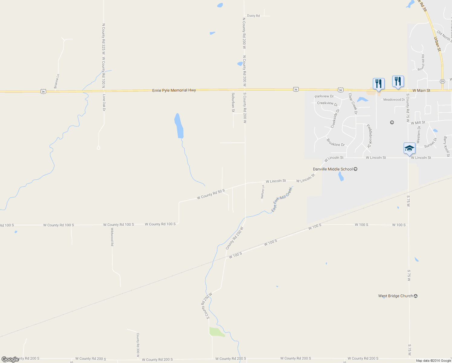 map of restaurants, bars, coffee shops, grocery stores, and more near 2150 West County Road 50 South in Danville