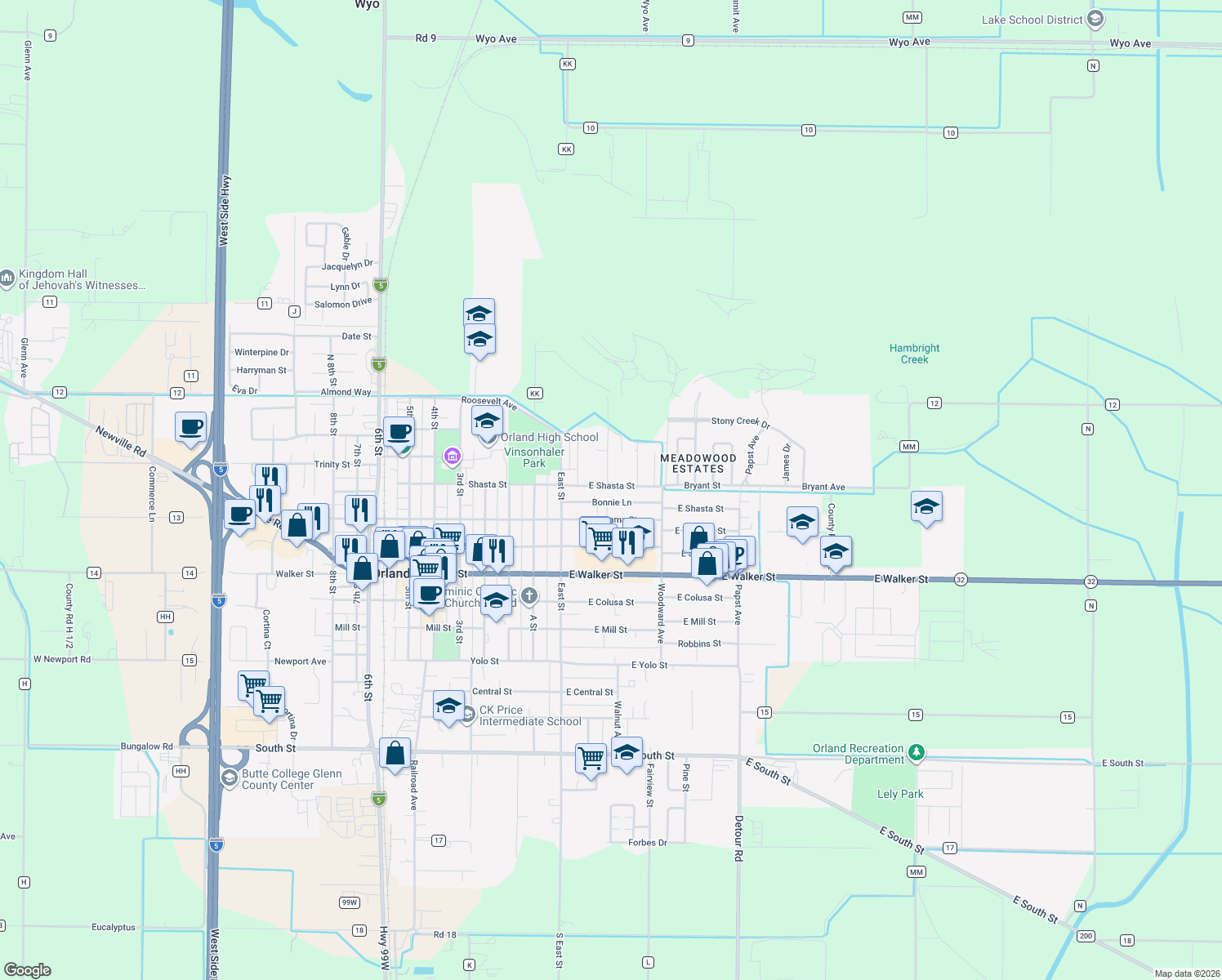 map of restaurants, bars, coffee shops, grocery stores, and more near 70 East Shasta Street in Orland