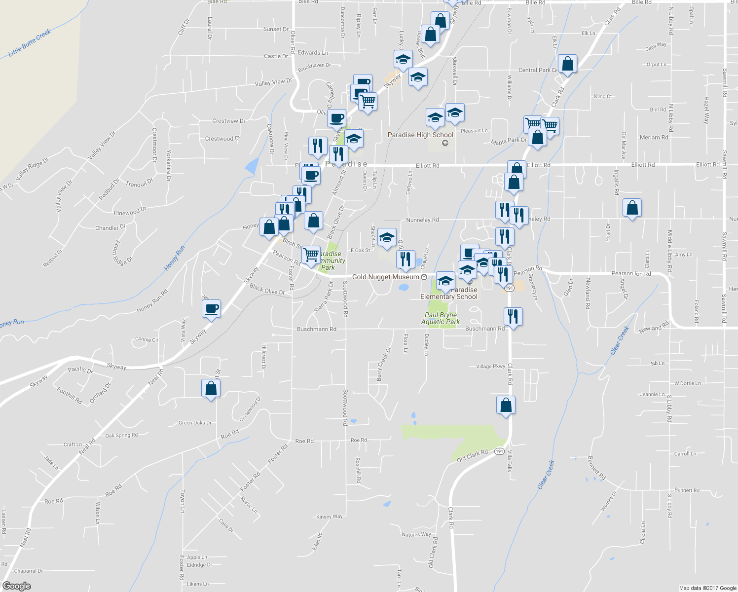 map of restaurants, bars, coffee shops, grocery stores, and more near 5617 Campus Drive in Paradise
