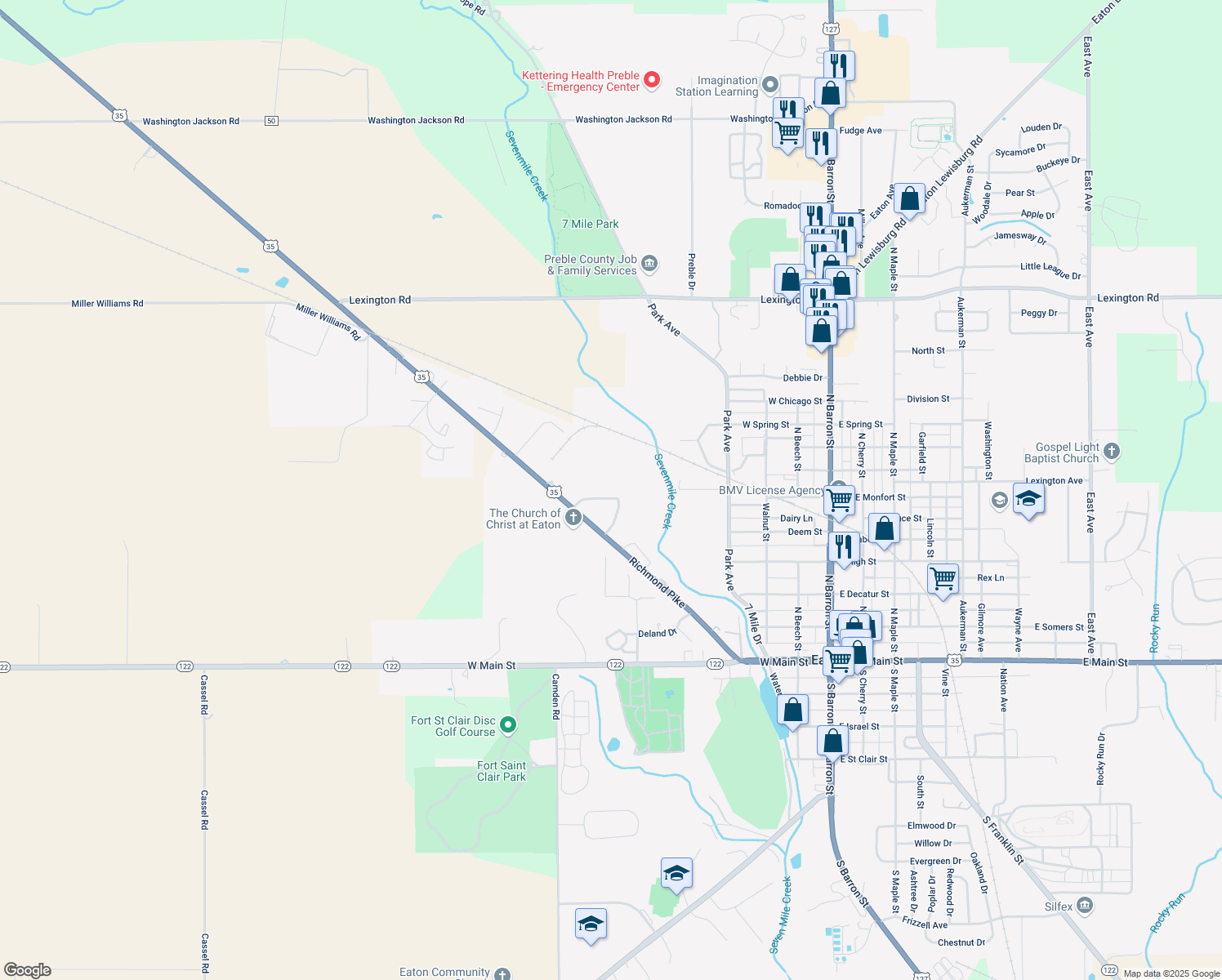 map of restaurants, bars, coffee shops, grocery stores, and more near 136 Woodland Drive in Eaton