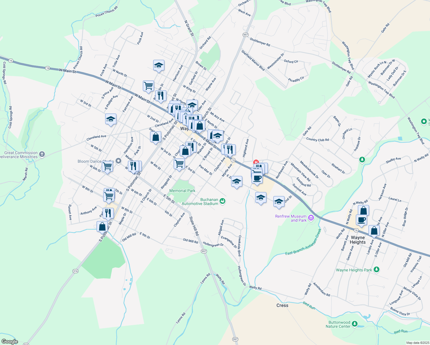 map of restaurants, bars, coffee shops, grocery stores, and more near 115 Clayton Avenue in Waynesboro