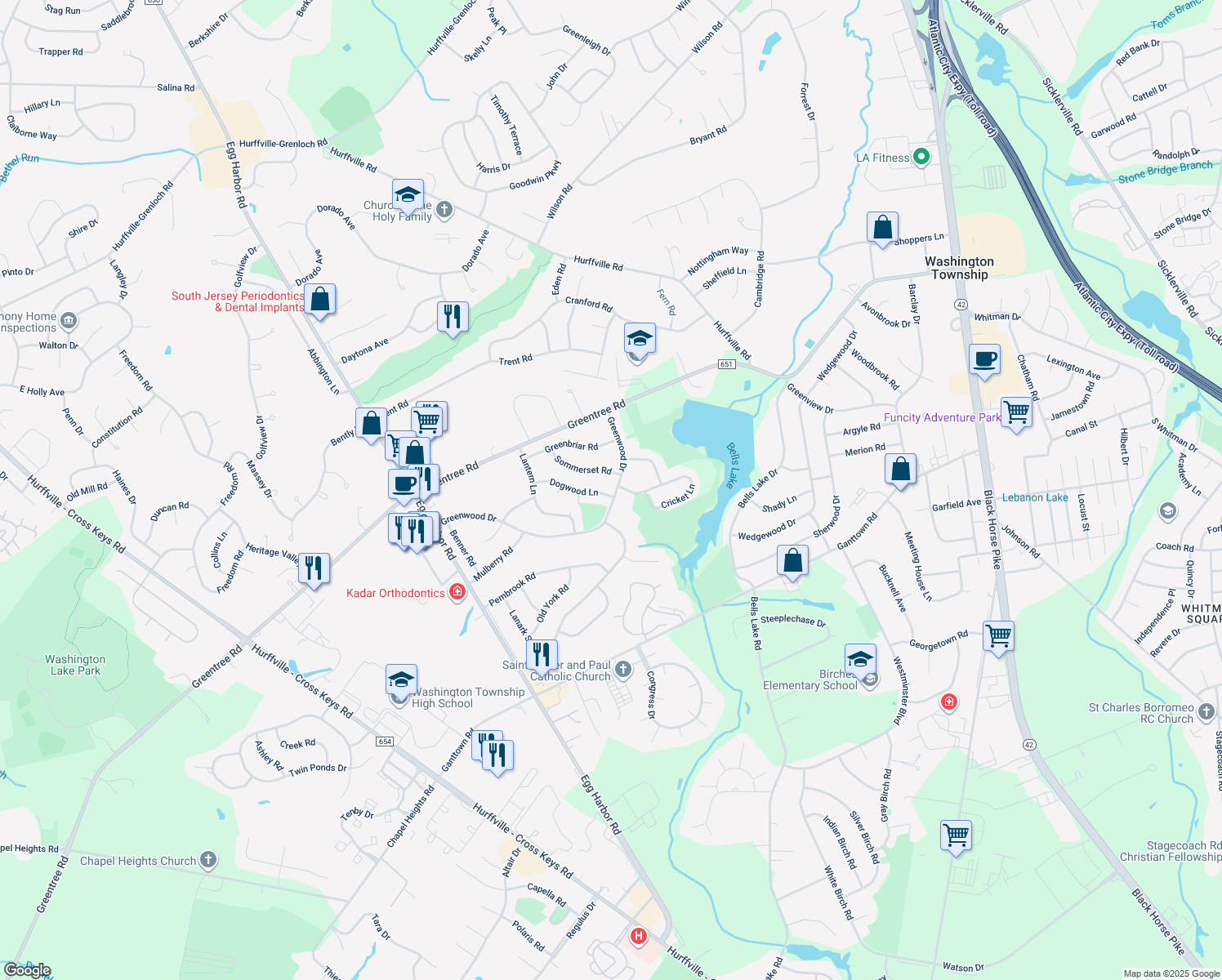 map of restaurants, bars, coffee shops, grocery stores, and more near 30 Dogwood Lane in Washington Township