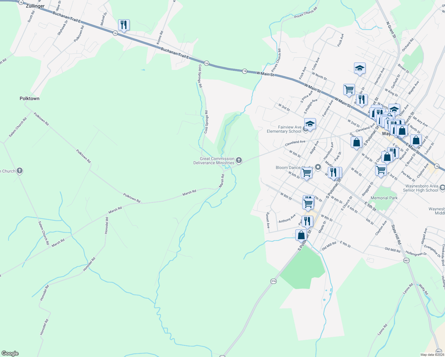 map of restaurants, bars, coffee shops, grocery stores, and more near 6381 Marsh Road in Waynesboro