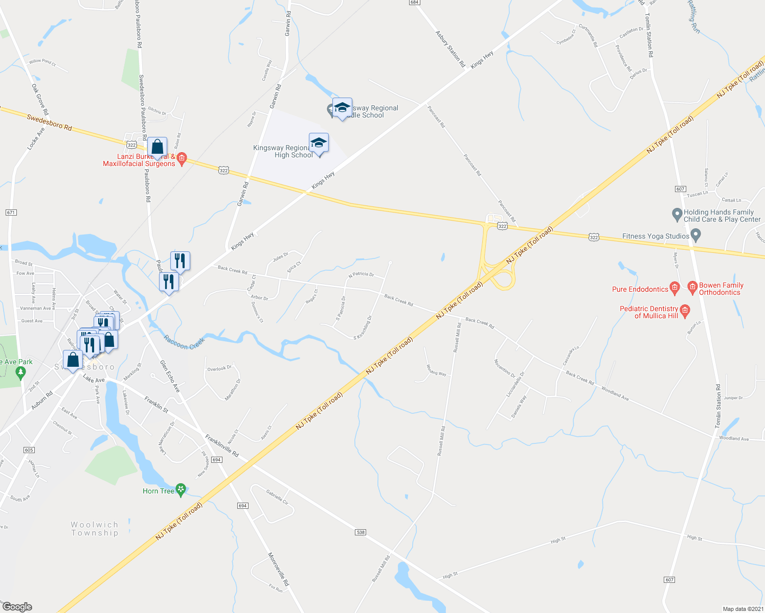 map of restaurants, bars, coffee shops, grocery stores, and more near 112 South Kirschling Drive in Woolwich Township