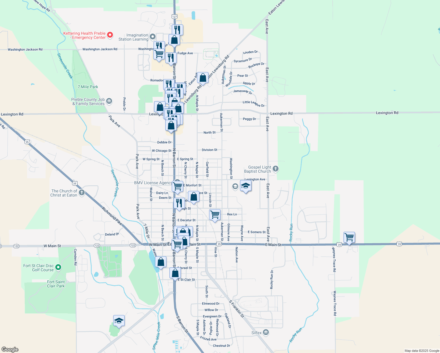map of restaurants, bars, coffee shops, grocery stores, and more near 801 Aukerman Street in Eaton