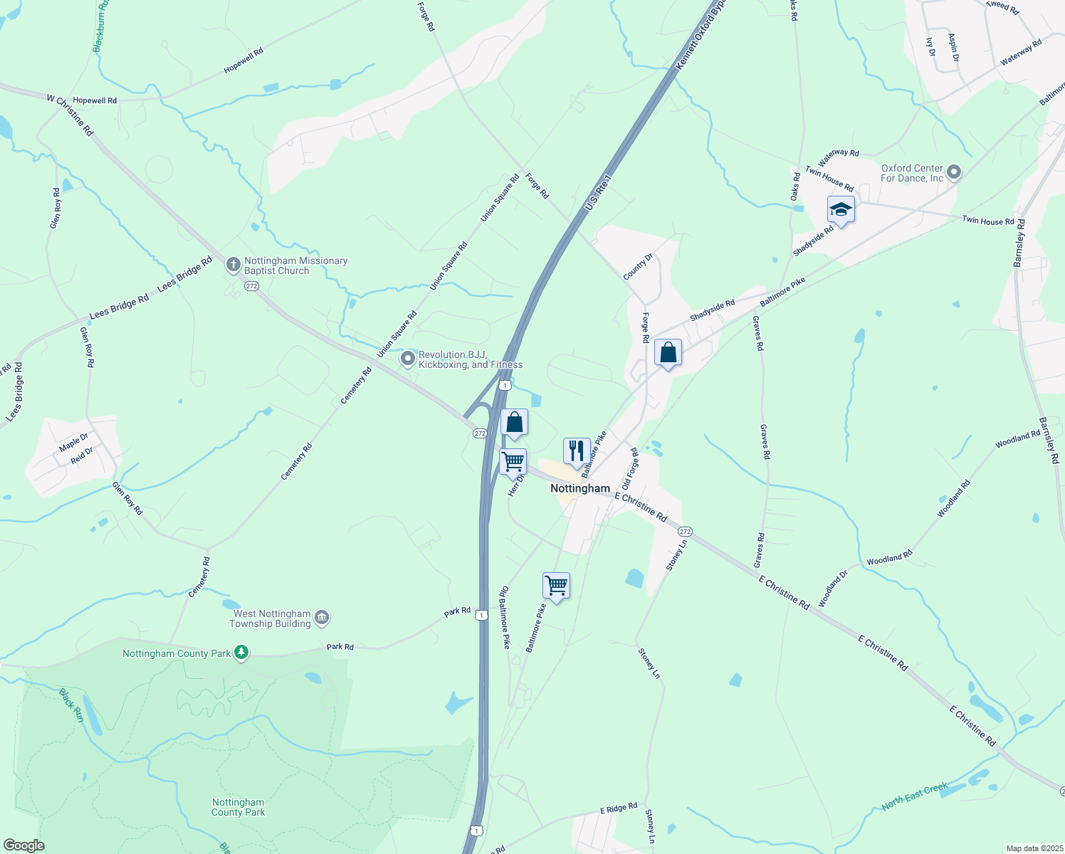 map of restaurants, bars, coffee shops, grocery stores, and more near 101 Ponds Edge Drive in Nottingham