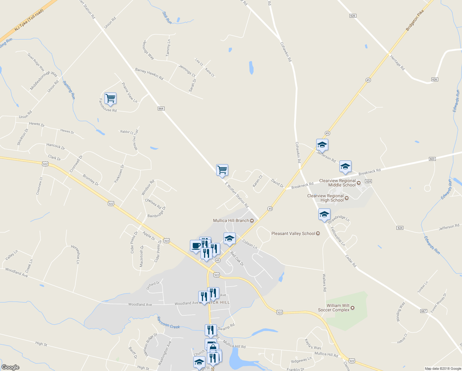 map of restaurants, bars, coffee shops, grocery stores, and more near 360 Wolfert Station Road in Harrison Township