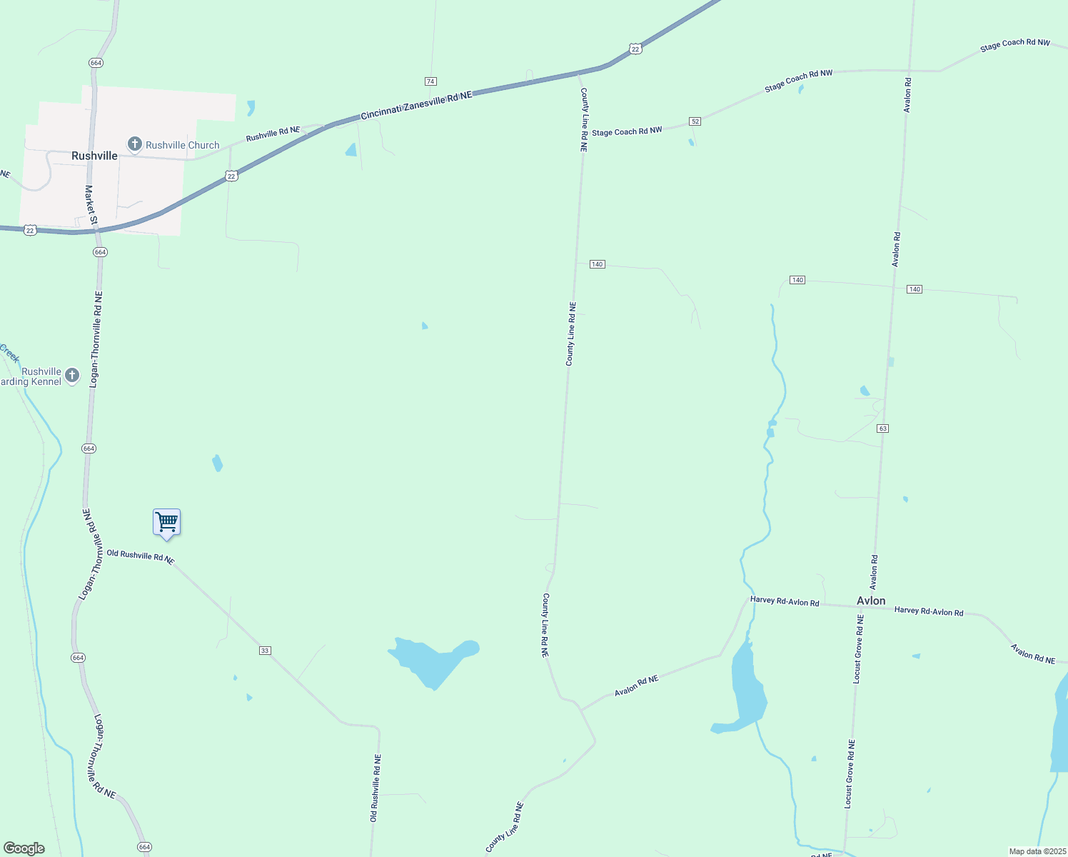 map of restaurants, bars, coffee shops, grocery stores, and more near 2485 County Line Road Northeast in Rushville