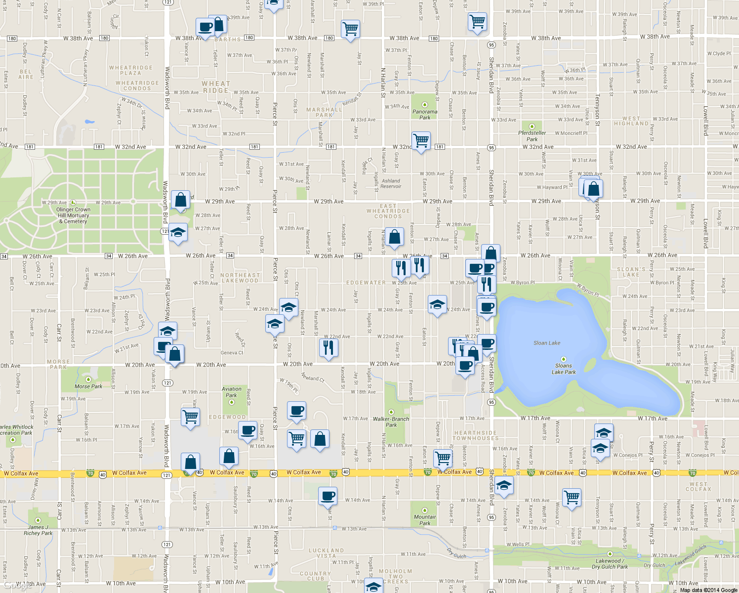 map of restaurants, bars, coffee shops, grocery stores, and more near 2440 Ingalls Street in Edgewater