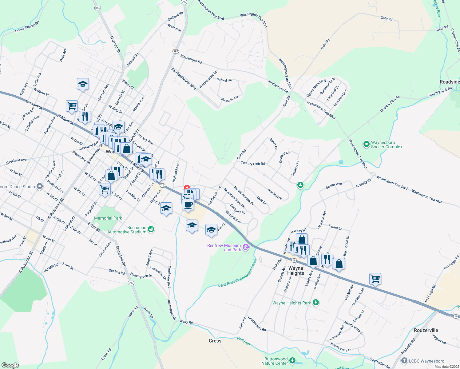 map of restaurants, bars, coffee shops, grocery stores, and more near 9104 Meadowbrook Drive in Waynesboro