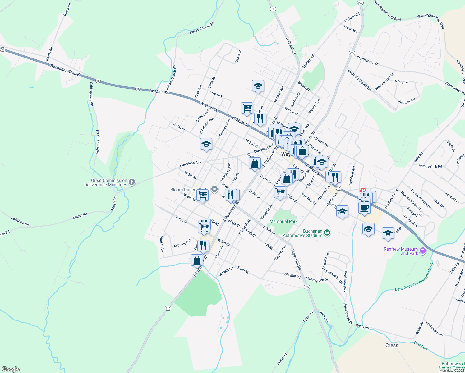 map of restaurants, bars, coffee shops, grocery stores, and more near 311 Park Street in Waynesboro