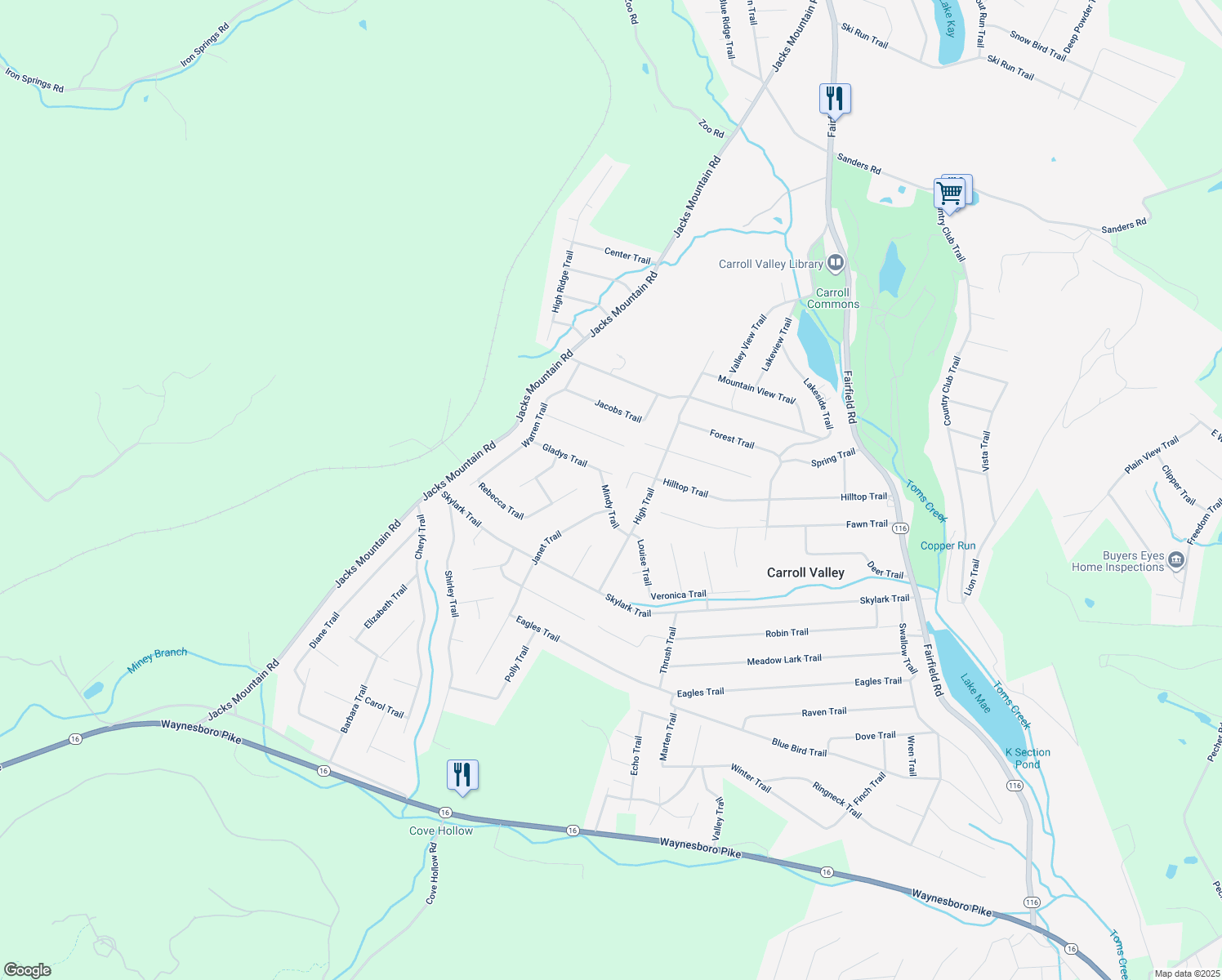map of restaurants, bars, coffee shops, grocery stores, and more near 6 Mindy Trail in Fairfield