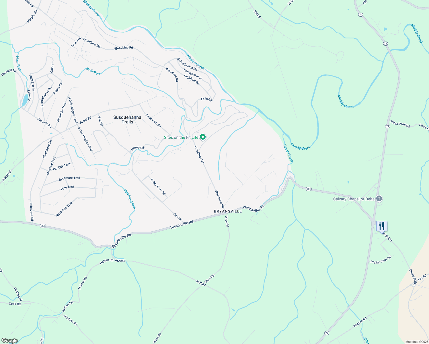 map of restaurants, bars, coffee shops, grocery stores, and more near 6864 Woodbine Road in Delta