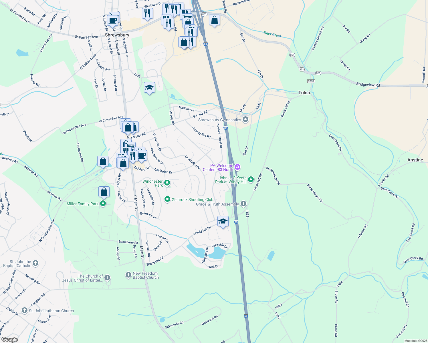 map of restaurants, bars, coffee shops, grocery stores, and more near 17186 Russett Farm Drive in Shrewsbury