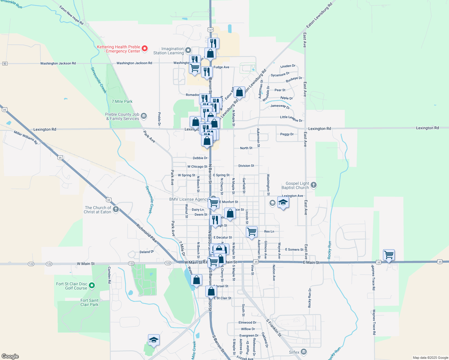 map of restaurants, bars, coffee shops, grocery stores, and more near 908 N Cherry St in Eaton