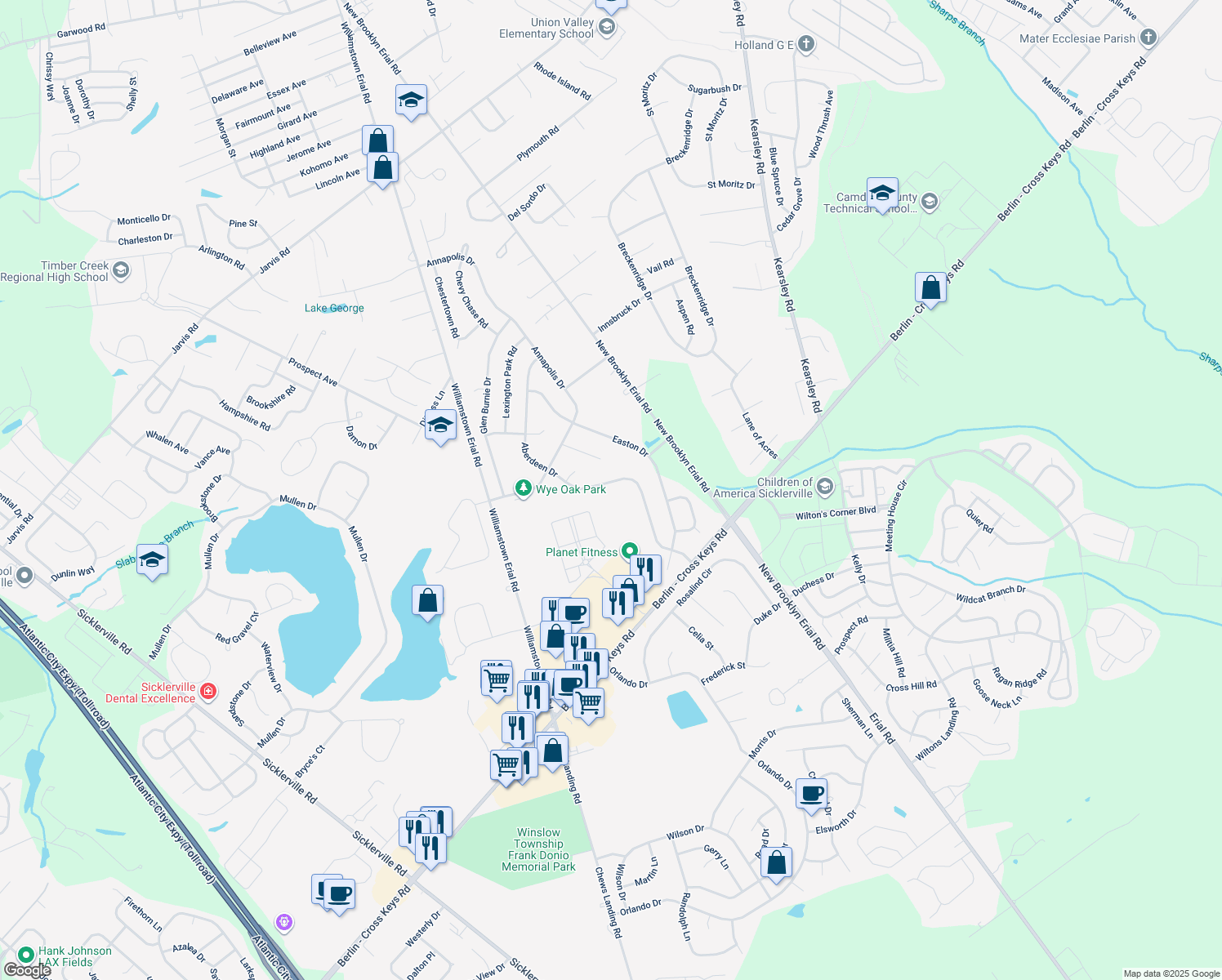map of restaurants, bars, coffee shops, grocery stores, and more near 42 Aberdeen Drive in Sicklerville