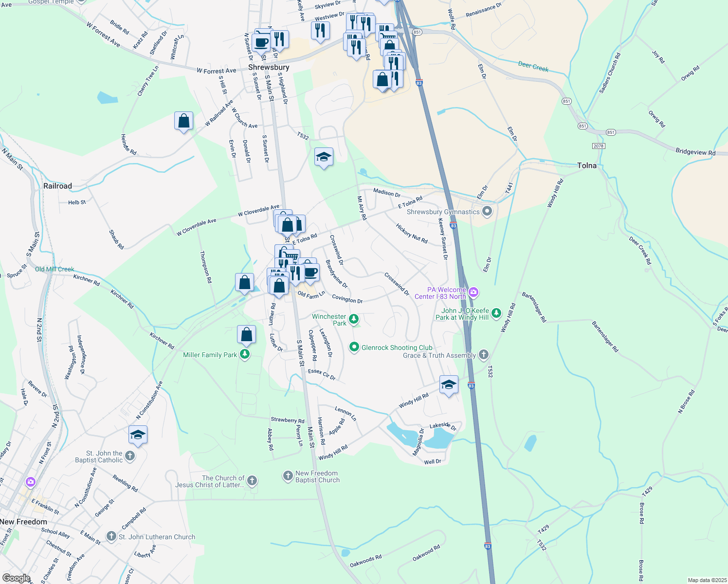 map of restaurants, bars, coffee shops, grocery stores, and more near 24 Strassburg Circle in Shrewsbury