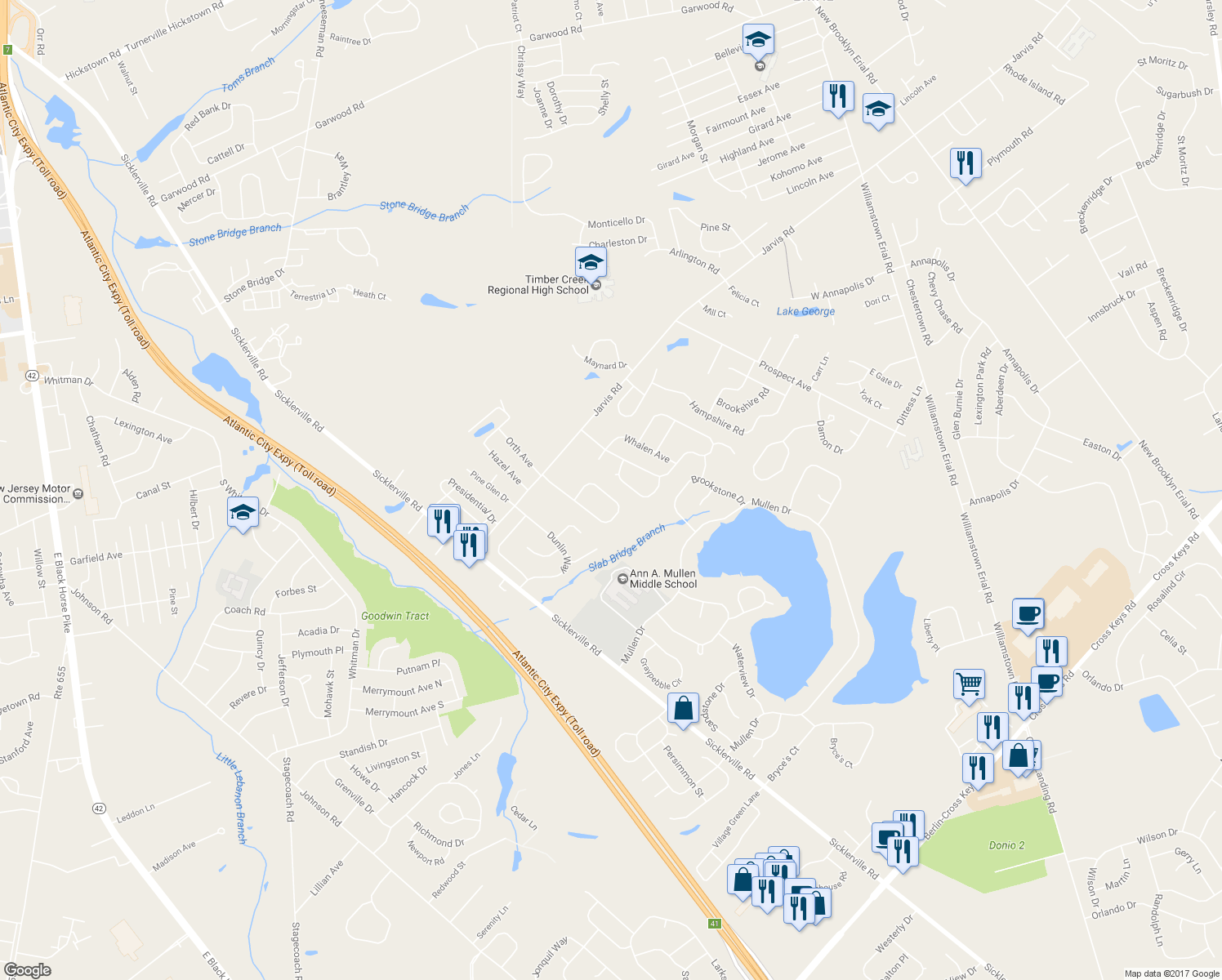 map of restaurants, bars, coffee shops, grocery stores, and more near 50 East Meadowbrook Circle in Sicklerville