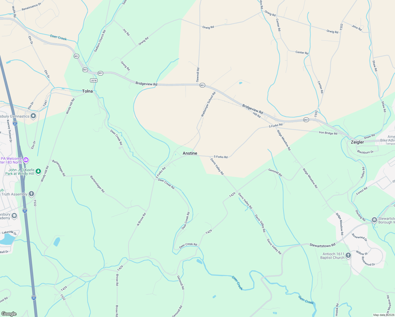 map of restaurants, bars, coffee shops, grocery stores, and more near 19397 5 Forks Road in Stewartstown