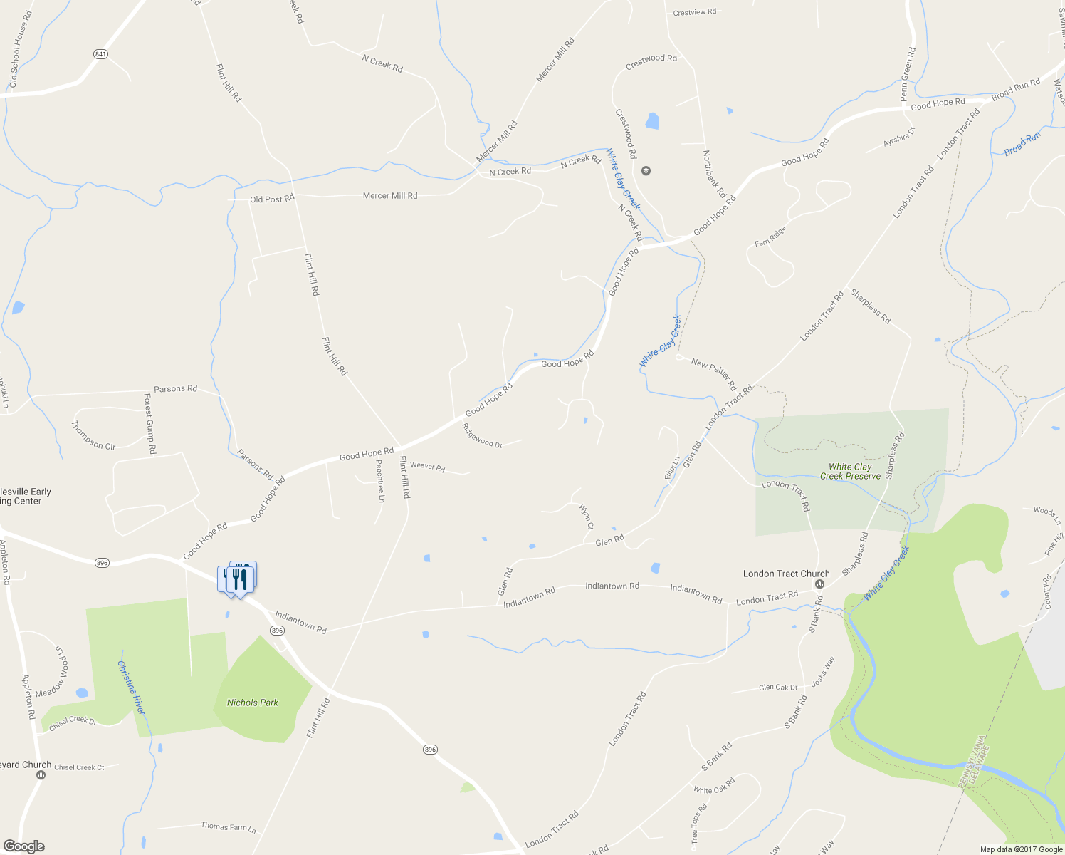 map of restaurants, bars, coffee shops, grocery stores, and more near 123 Ridgewood Drive in Landenberg