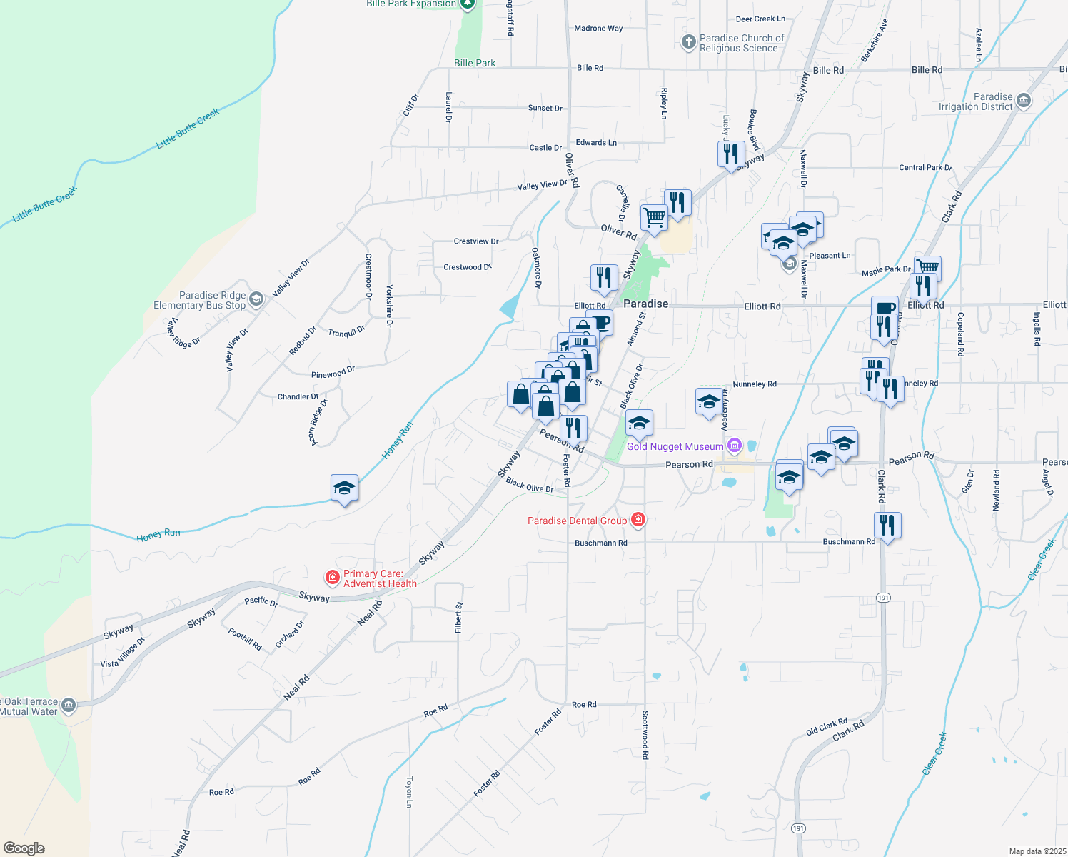 map of restaurants, bars, coffee shops, grocery stores, and more near 2 Pearson Road in Paradise