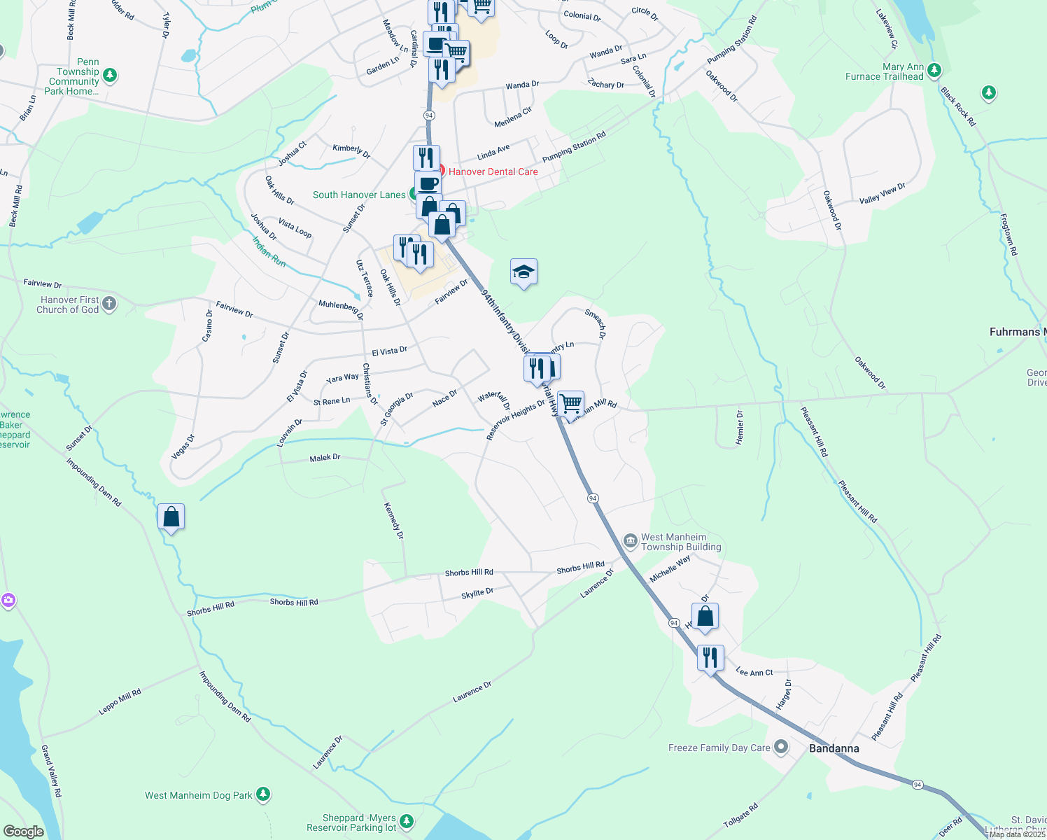map of restaurants, bars, coffee shops, grocery stores, and more near 2150 Reservoir Heights Drive in Hanover