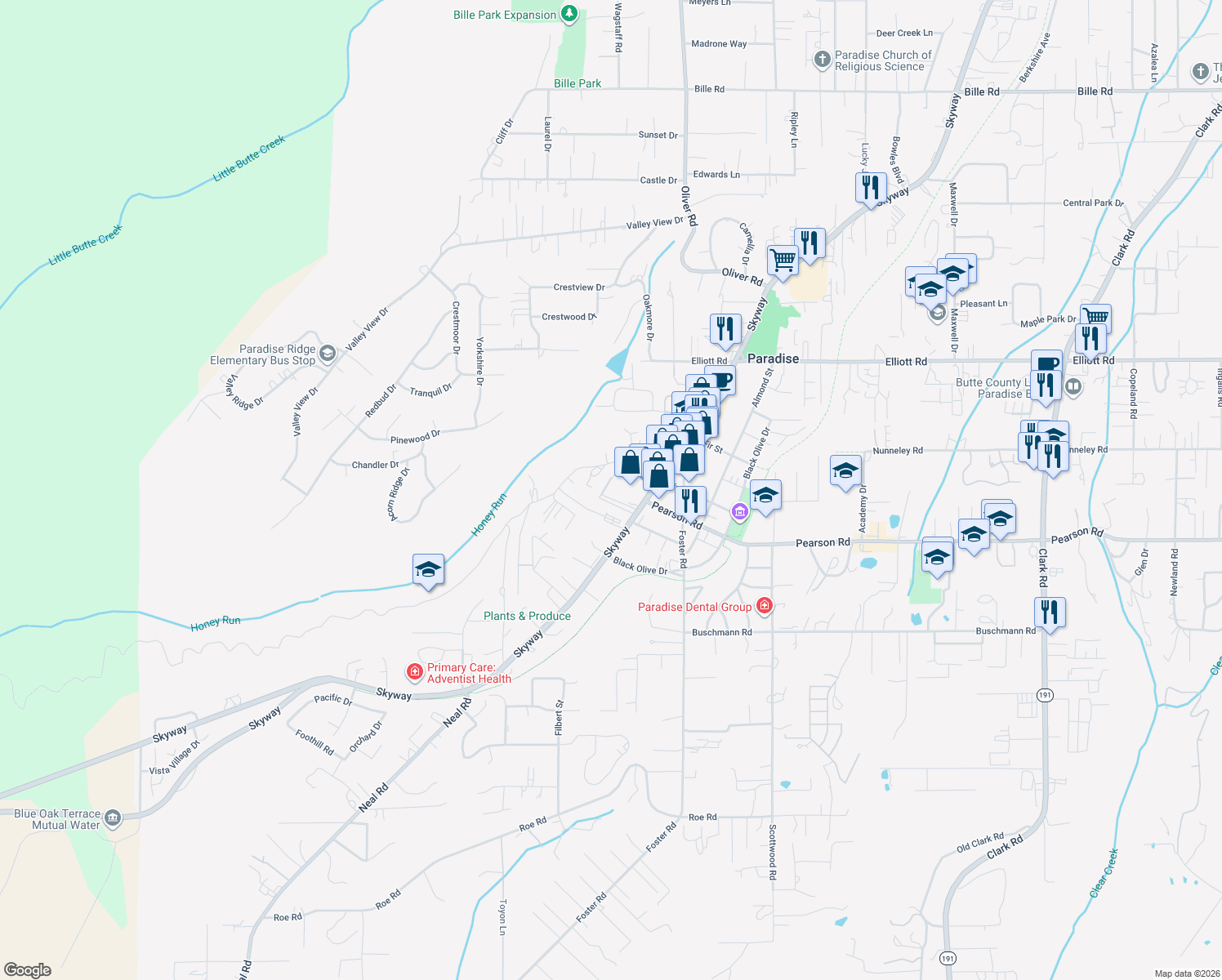 map of restaurants, bars, coffee shops, grocery stores, and more near 543 Barbara Way in Paradise