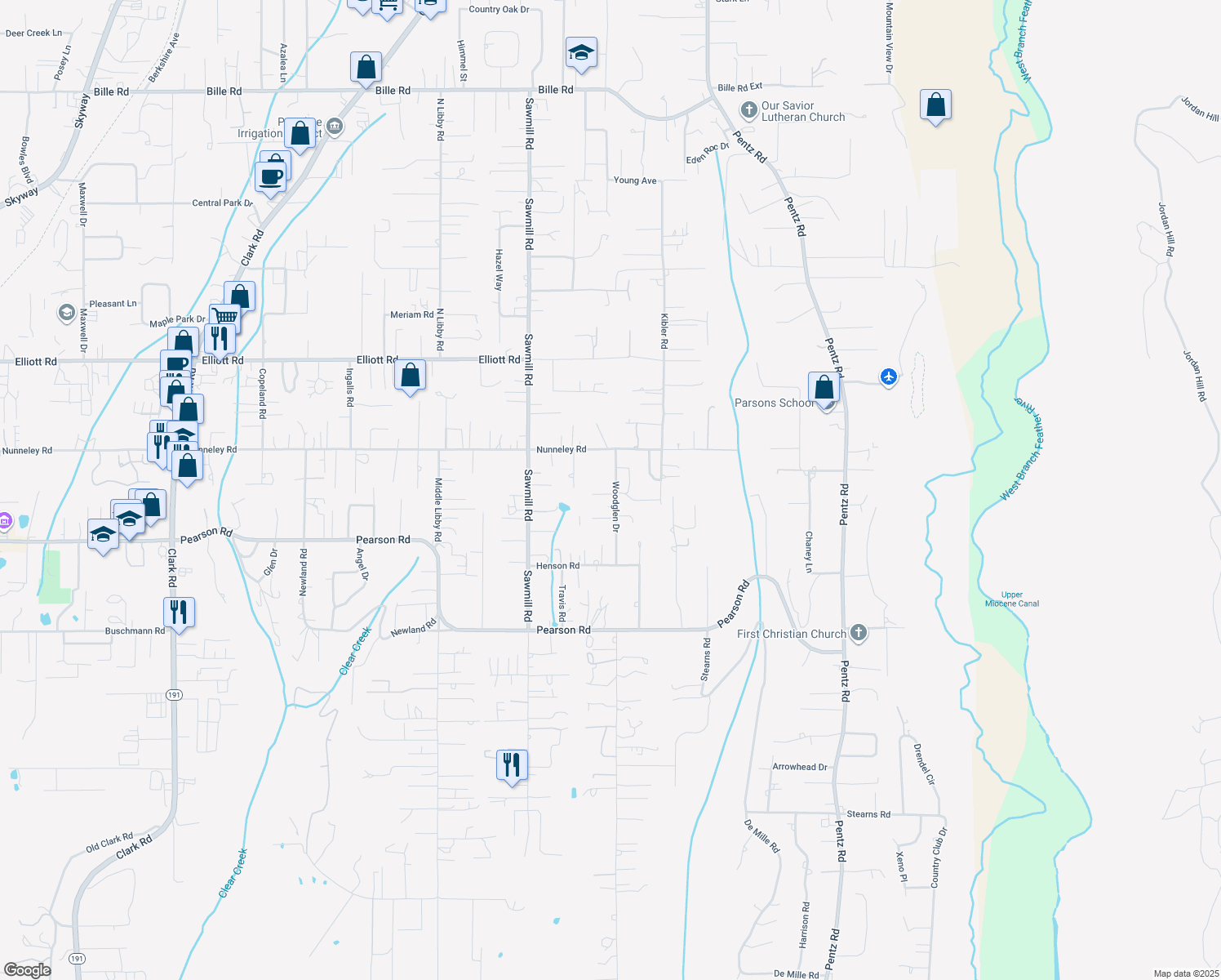 map of restaurants, bars, coffee shops, grocery stores, and more near 5709 Woodglen Drive in Paradise